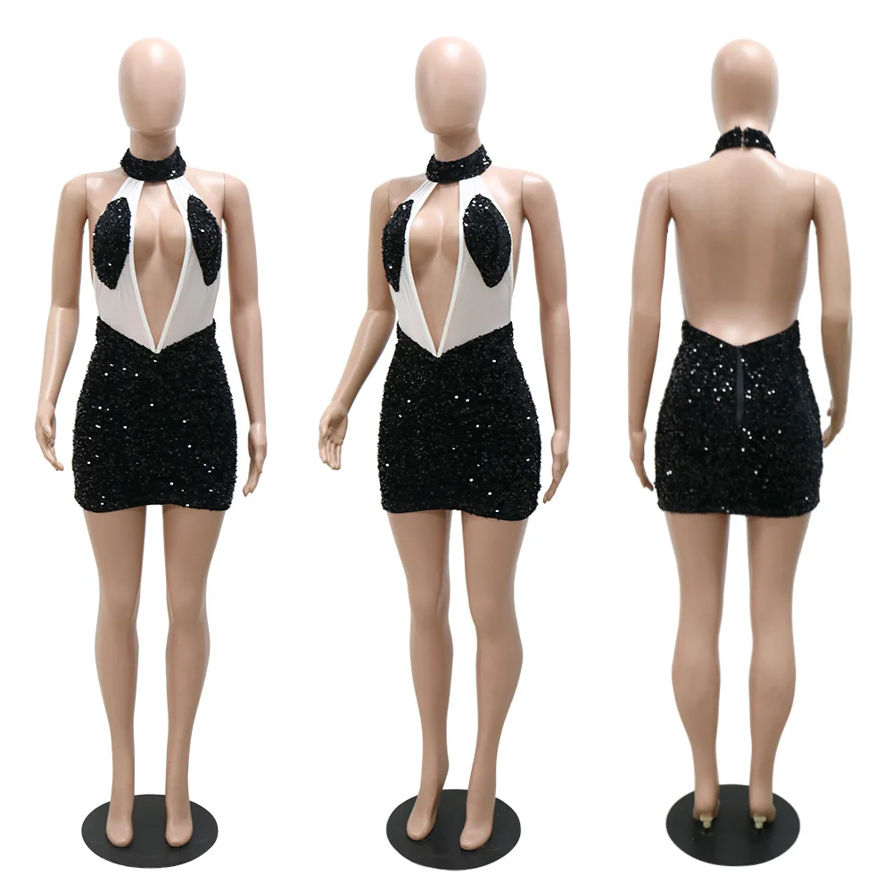 high quality sleeveless sequin prom dress backless sequined Crystal mesh club dress