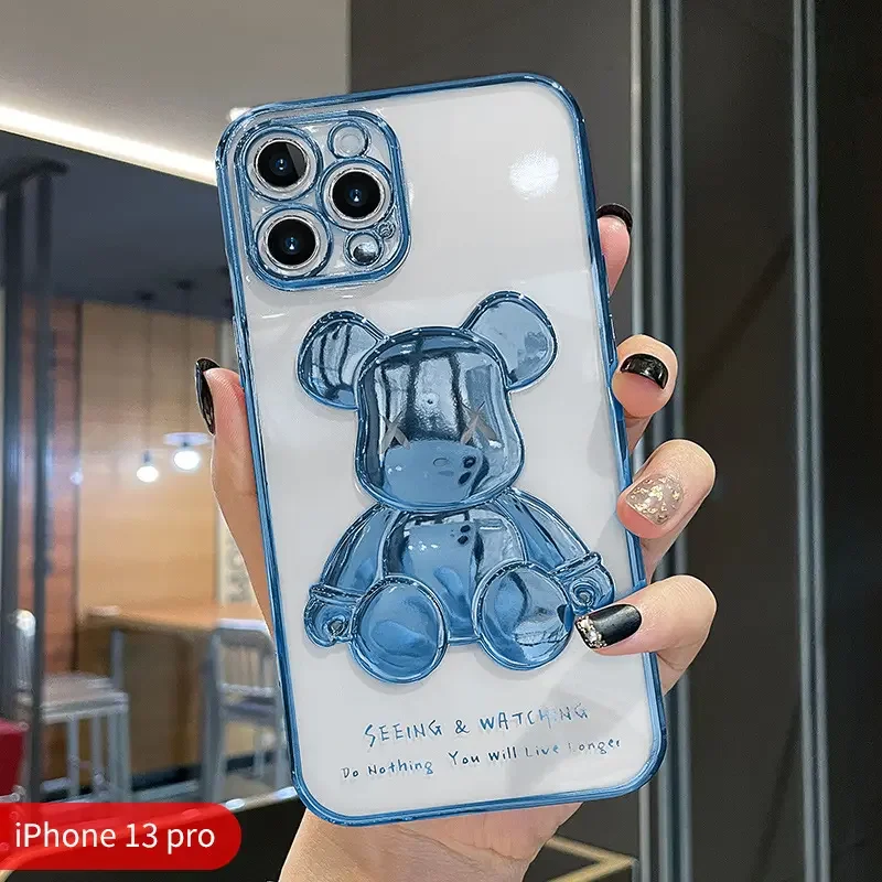 Hot Sale Electroplated 3d Bear Transparent Tpu Phone Case For Iphone 11 12 13 14 15 Plus/Pro/Pro Max