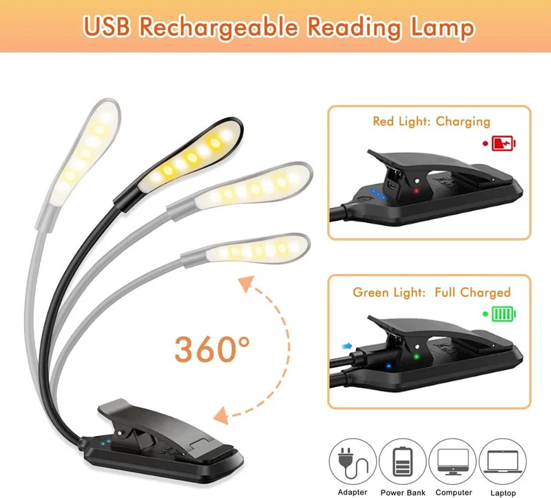 Rechargeable 7 LED Book Light Flexible Clip on Book with Touch Control 3 Brightness Modes for Bed Tablet Home Travel