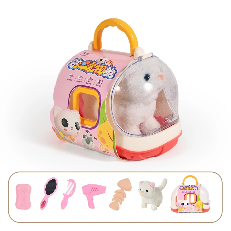 Factory Sale Interactive Walking Cats Pretend Play Pet Carrier Stuffed Animal Electronic Plush Toy Set for Girls