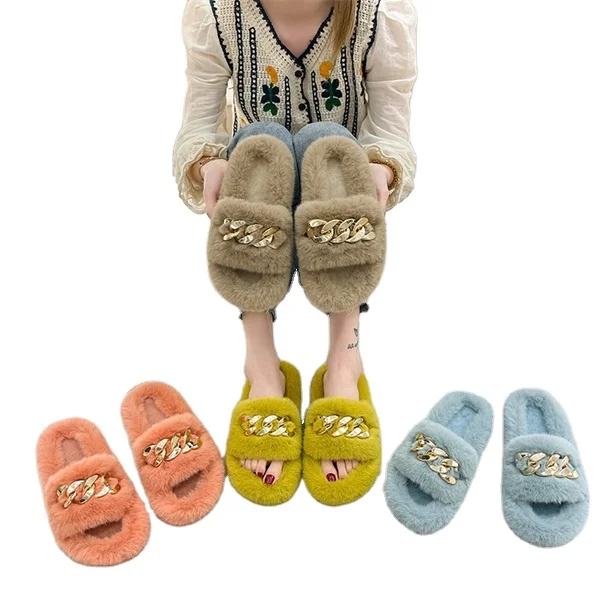 Thick-Soled Crossover Plus Size Closed Toe Women Slippers Ladies Fluffy Slippers