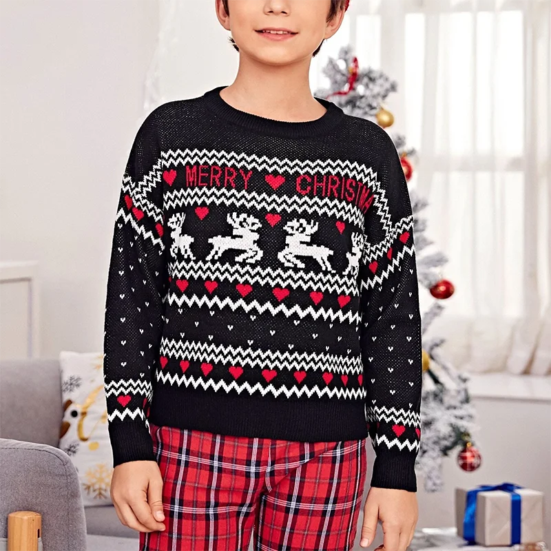 
Custom Winter Lantern Sleeve Knit Jacquard Christmas Sweater For Family Sweater Clothes 