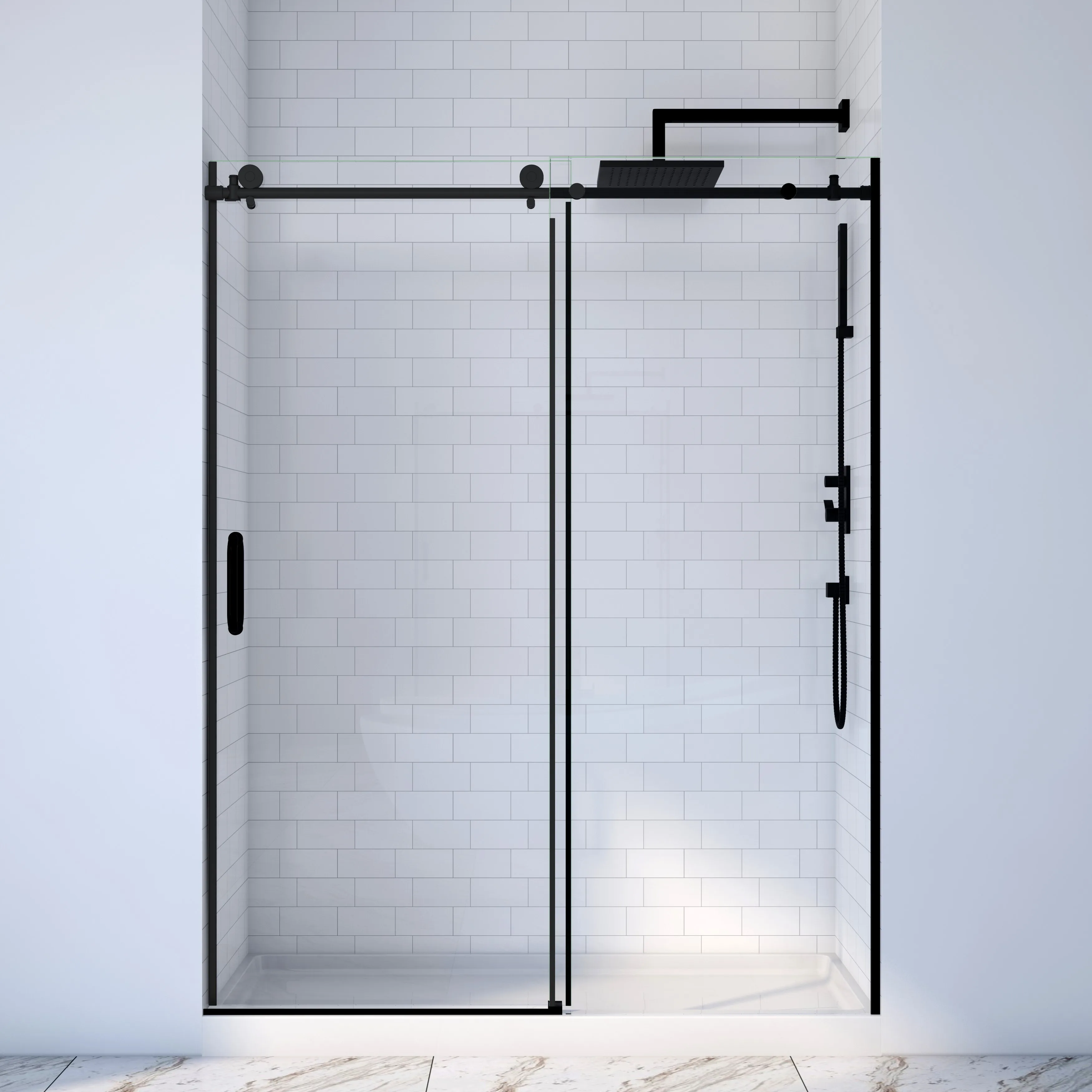 Hotel Moden Style Stainless Steel Tempered Glass Frameless  Aluminum Double Door Bathroom Sliding Shower Door