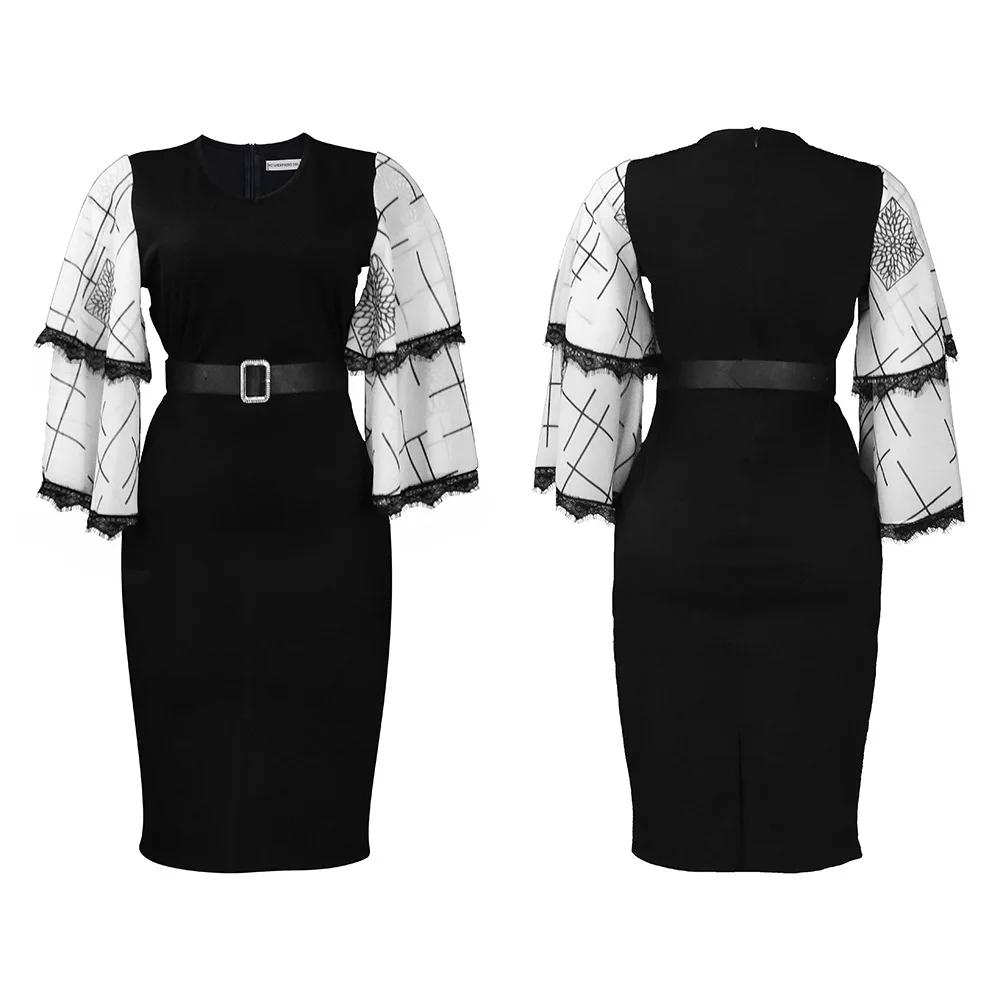 D301 New design spring women clothes flare sleeve ladies office dresses v neck midi belt pencil elegant women dress career dresses