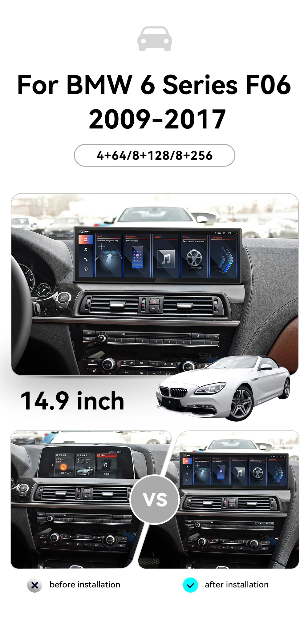 ZWNAV 14.9 Inch For BMW 6 Series F06 2009-2017 AC Panel Cluster GPS Multimedia Carplay Player Android Car Radio GPS Navigation