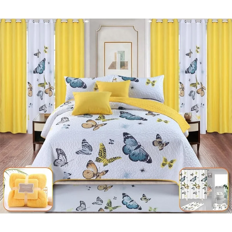 Red Flower Print Navy Blue 3d Printed Linen Blend Custom King 26PCS Polyester Curtain bedding Set