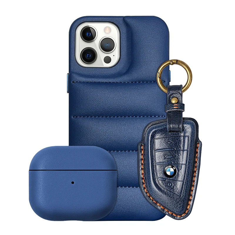 Car Key Case Genuine Leather Protector with Keychain Smart Remote key Fob Cover Case Key Holder for BMW