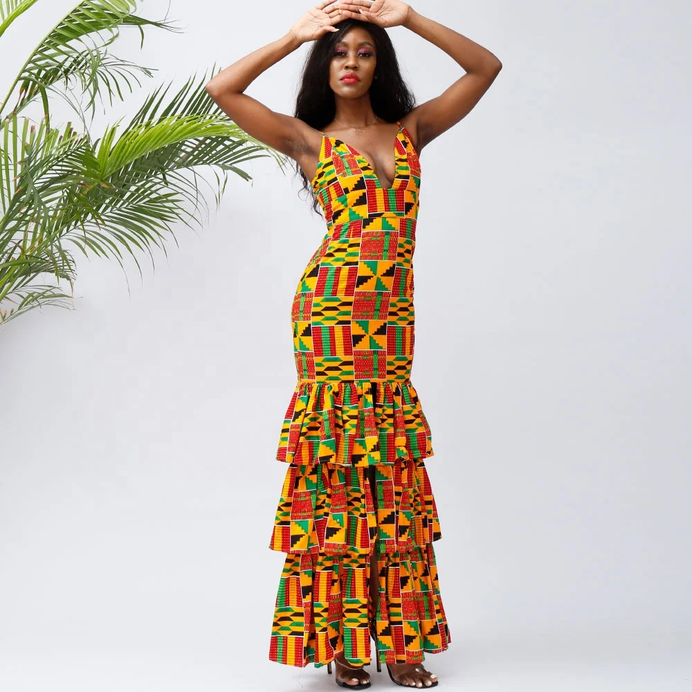 Hot Sell Sleeveless Sexy Kente Design Ladies Party Evening Dress Africa Wax Print Casual African Dress For Women Clothing