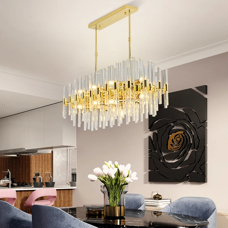 Luxury Crystal Rectangle Chandelier Lighting Hanging Lamp Home Decor Hotel Pendant Kitchen Light Room Dining Modern Restaurant