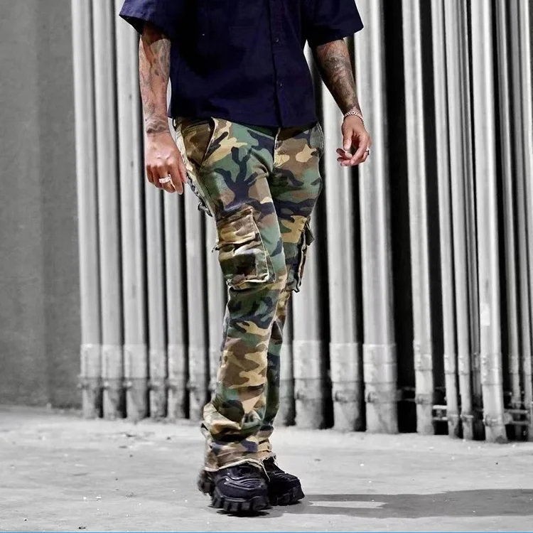 Custom logo Camo Denim Pants Camouflage Colored Cargo Pocket Jeans Men Custom Stacked Jeans