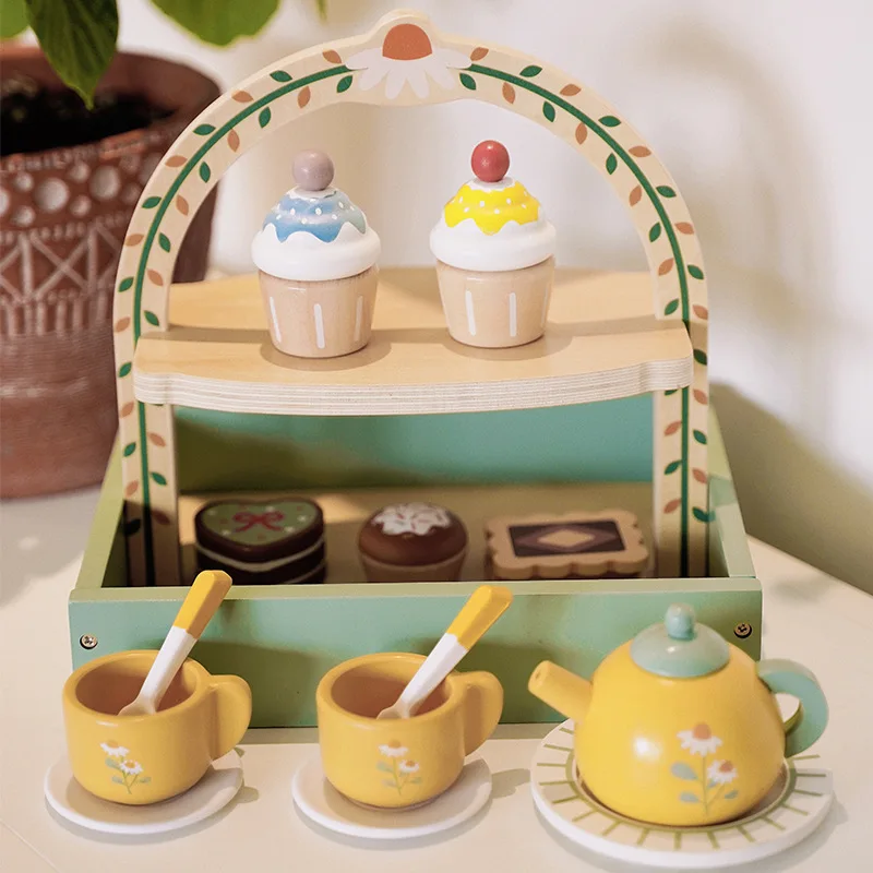 MU Wooden Children Play Kitchen Accessories Simulates Hand Held Double Layer Dessert Rack Kids Toys