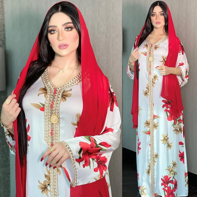 Fashion Lady Elegant Muslim Women Islamic Kaftan Dress With Scarfs High Quality Maxi Dress Chiffon Silk Brazil Long Gown