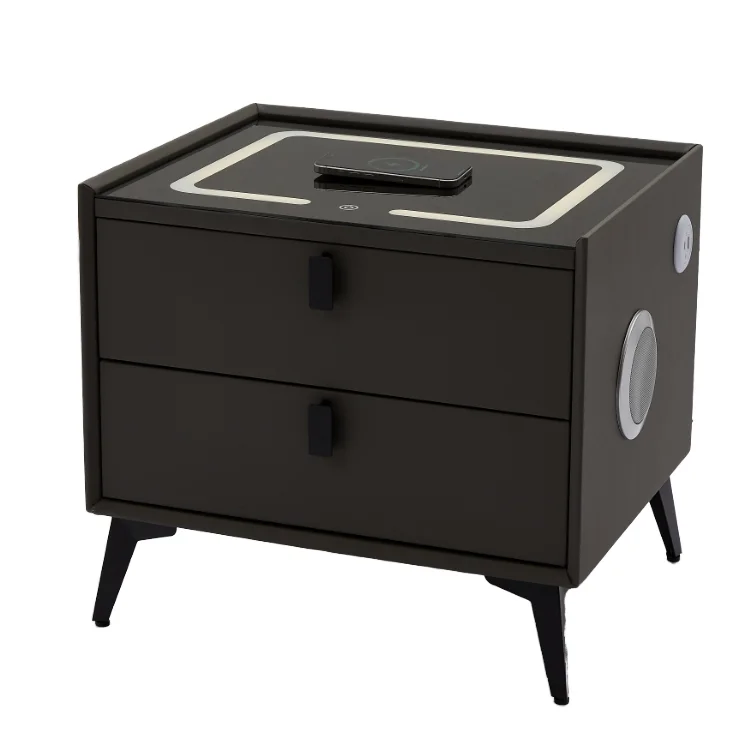 Modern MDF Wooden Nightstand 2 Drawers Smart Coffee Table with Wireless Charging USB Ports & Speaker for Bedroom & Living Room