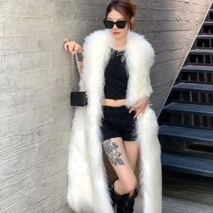 Fashion Mongolian Fur Vest Long Winter Warm Real Lamb Wool Fur Clothes Genuine Sheep Fur Waistcoat For Ladies