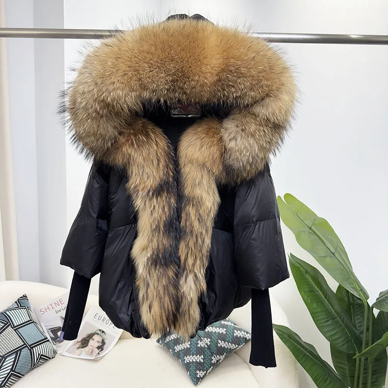 New Fashion Real Raccoon Fur Puffer Down Jacket Lady Winter Bubble Jacket Plus Size Women Goose Down Coat