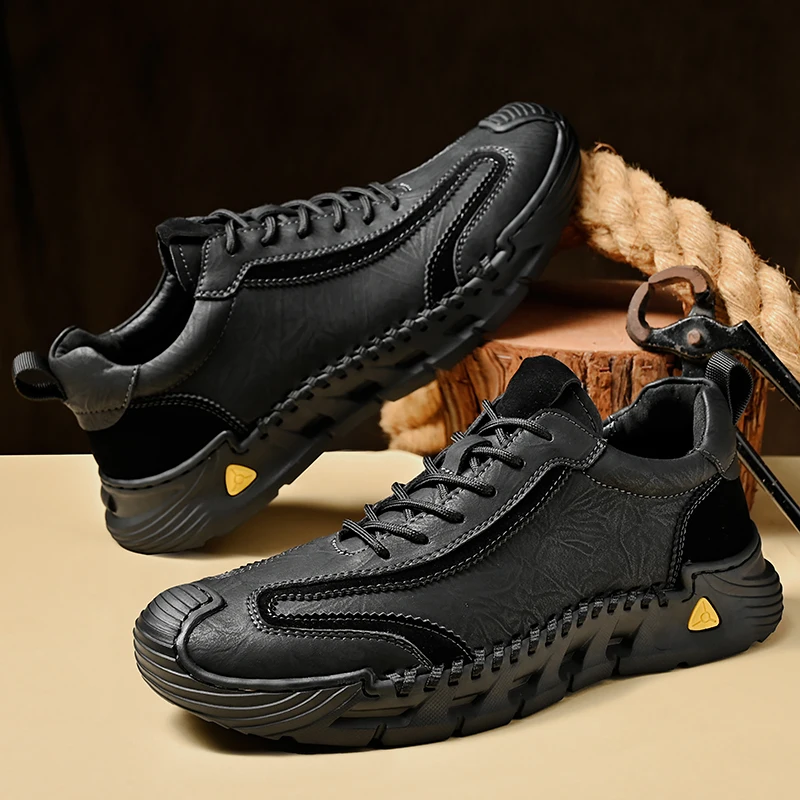 In Ready Stock Custom LOGO 4 Season Hand Made Breathable Genuine Leather Mesh Upper Rubber Sole Men Casual Walking Sneakers