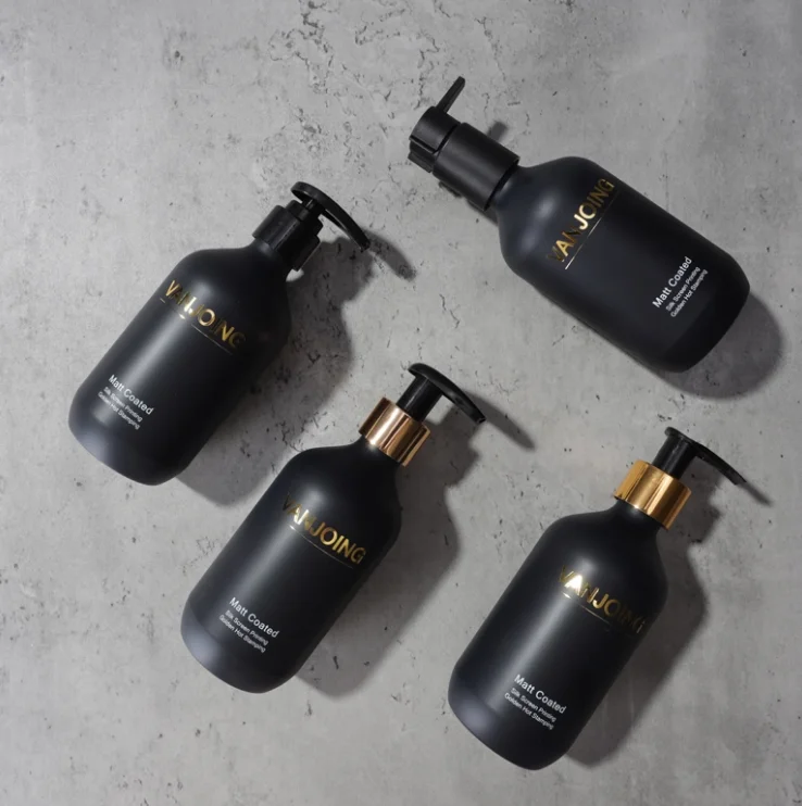 Shinning Gold Logo Matt Black Plastic Bottles Shampoo Packaging Container for Hair Cream