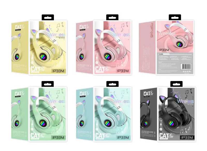 P33M Colorful Glowing Cute Cat Ear Headphones Blue tooth 5.0 Bass Noise Cancelling Headset Support TF Card Headset With Mic