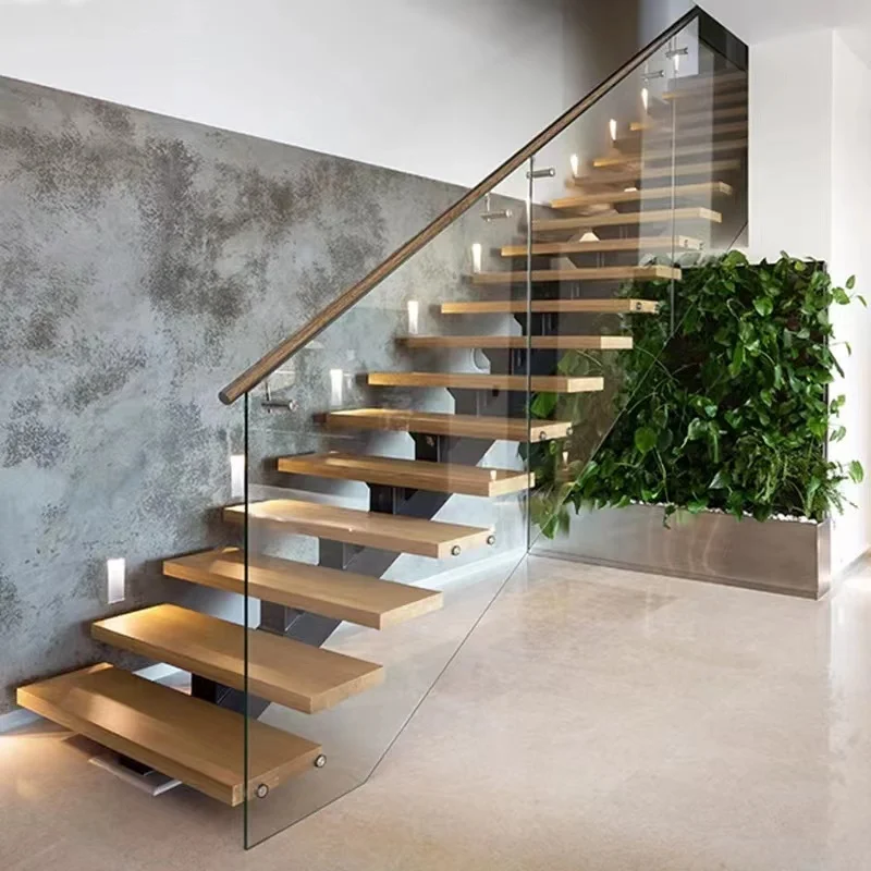 Modern design indoor wooden metal straight U shape steel wood stair double stringer glass dual staircases