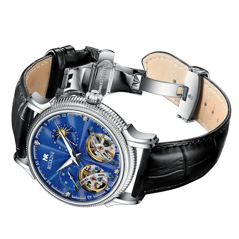 Лидер продаж, мужские механические часы RUIXINE R7121 с сапфировым стеклом и кожаным ремешком из нержавеющей стали, 43 мм