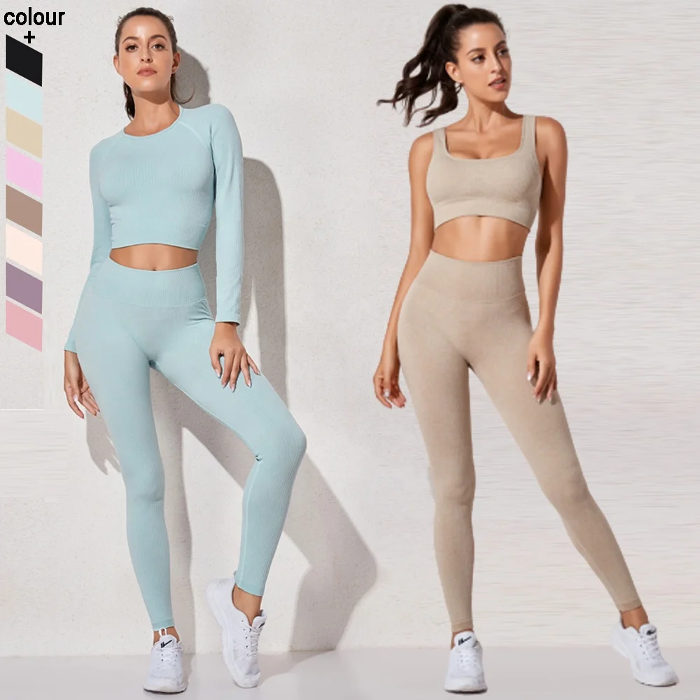 Wholesale 2 Piece Yoga Fitness Gym Clothes Sweat Suit Women Seamless Ribbed Gym Yoga Set (1600106061942)