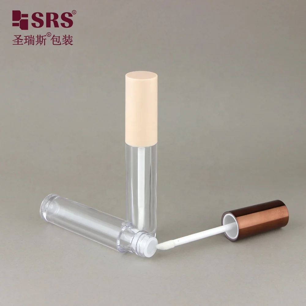 SLR007-7ML Clear Tube Empty Packaging for Lip Glaze Primer with Bronze Shiny Metallic Colored Lid with Brush Cosmetic Bottles