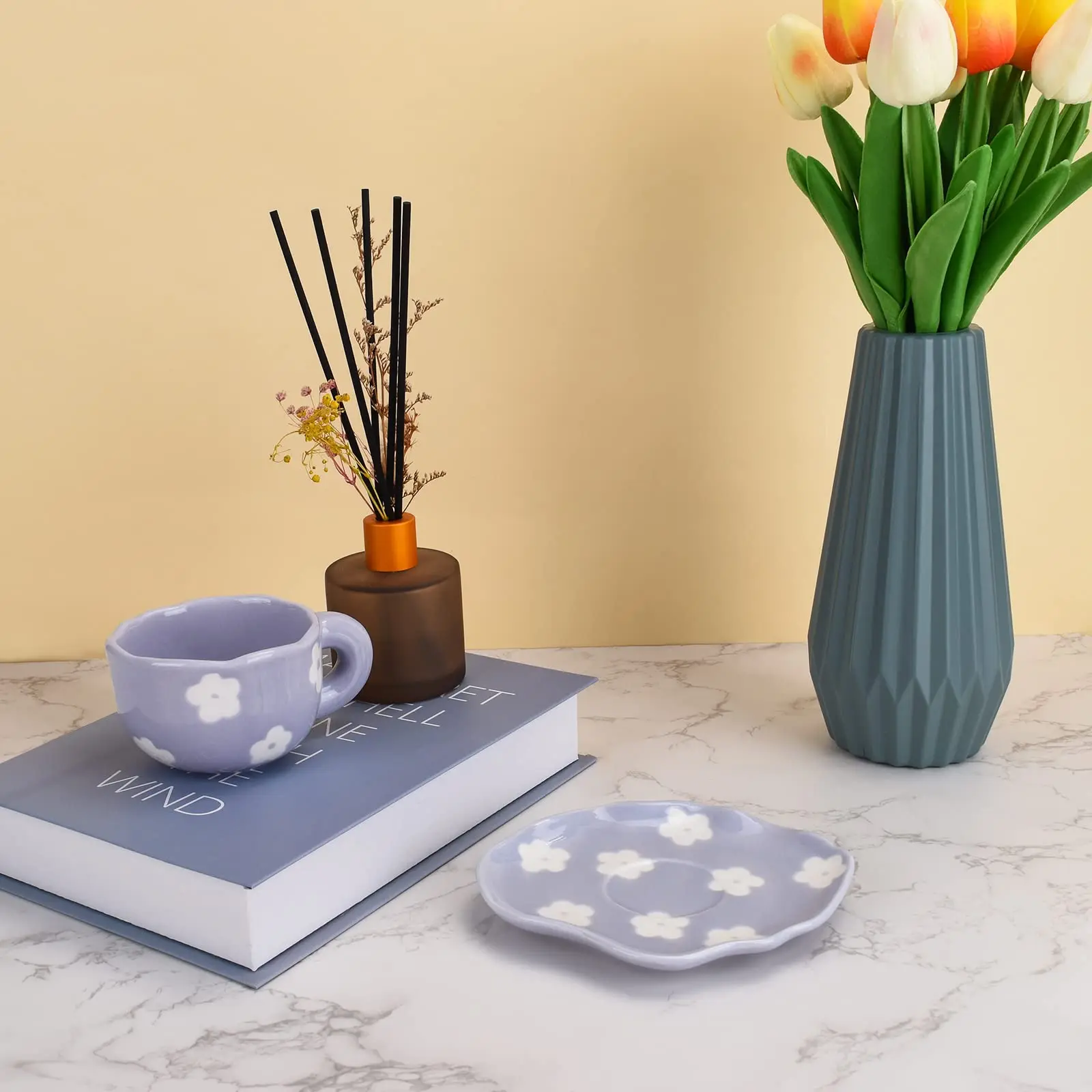 Ins Style Ceramic Hand Kneaded Coffee Cup and Saucer Set Irregular Saucer Cups for Office and Home