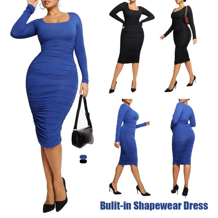 wholesale custom 2023 Autumn and winter seamless Square-neck black long sleeve built-in shapewear maxi dress bodycon woman dress