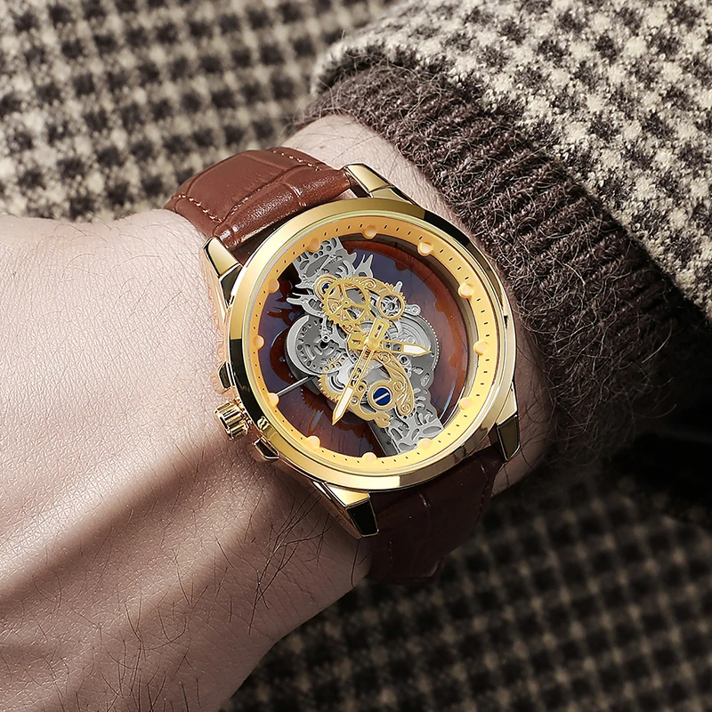 Gold Skeleton Waterproof Leather Custom Watch Men Luxury Orologio Uomo Relojes De cuarzo Para Hombre