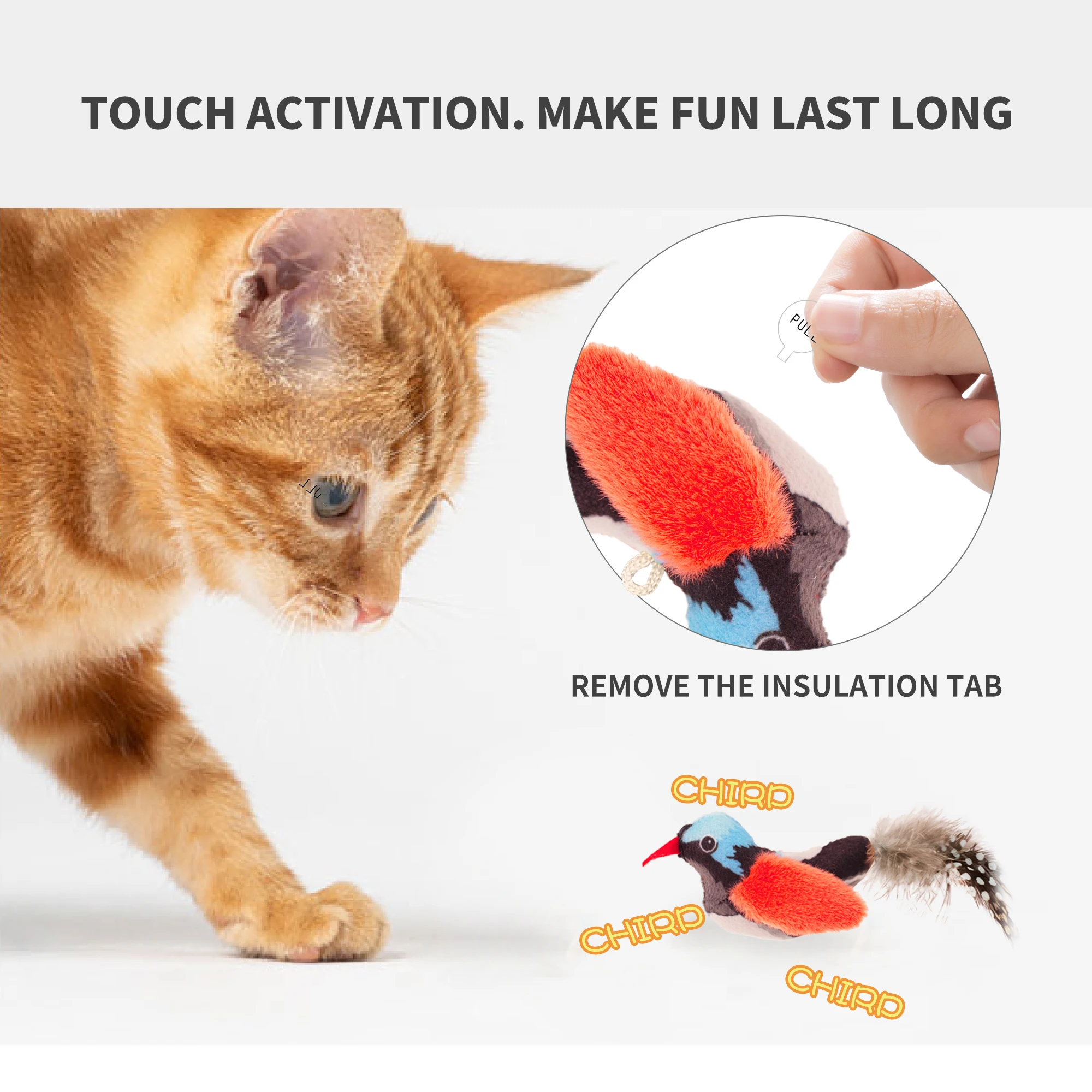 Popular Style Plush Interactive Toys with Feather Button Battery Catnip Chirp Sound Bird Playing Cat Toy