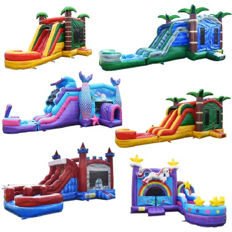 Top sales pvc commercial outdoor large kids inflatable dry wet slides bouncer castle complex games for sales