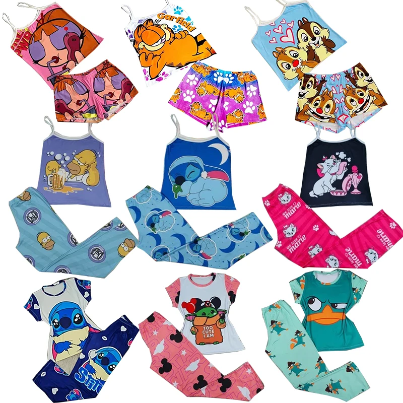  Womens 2 piece cartoon pajamas short sleeve long pants