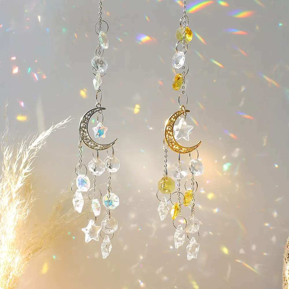 Crystal Wind Chimes Moon Dream Catcher Stained Glass Prism Rainbow Maker Sun Catcher Window Garden Decoration Outdoor Hanging