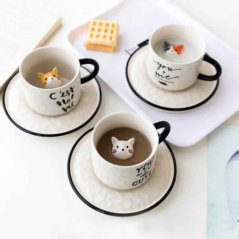 Hot style creative cup ceramic glaze cartoon cat ceramic cup 3d relief animal ceramic cat cup