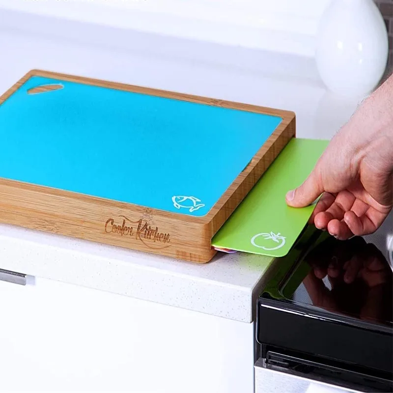 Chopping Board Set - Easy-to-Clean Dark Bamboo Wood Cutting Board Set with 6 Color Coded Flexible Cutting Mats