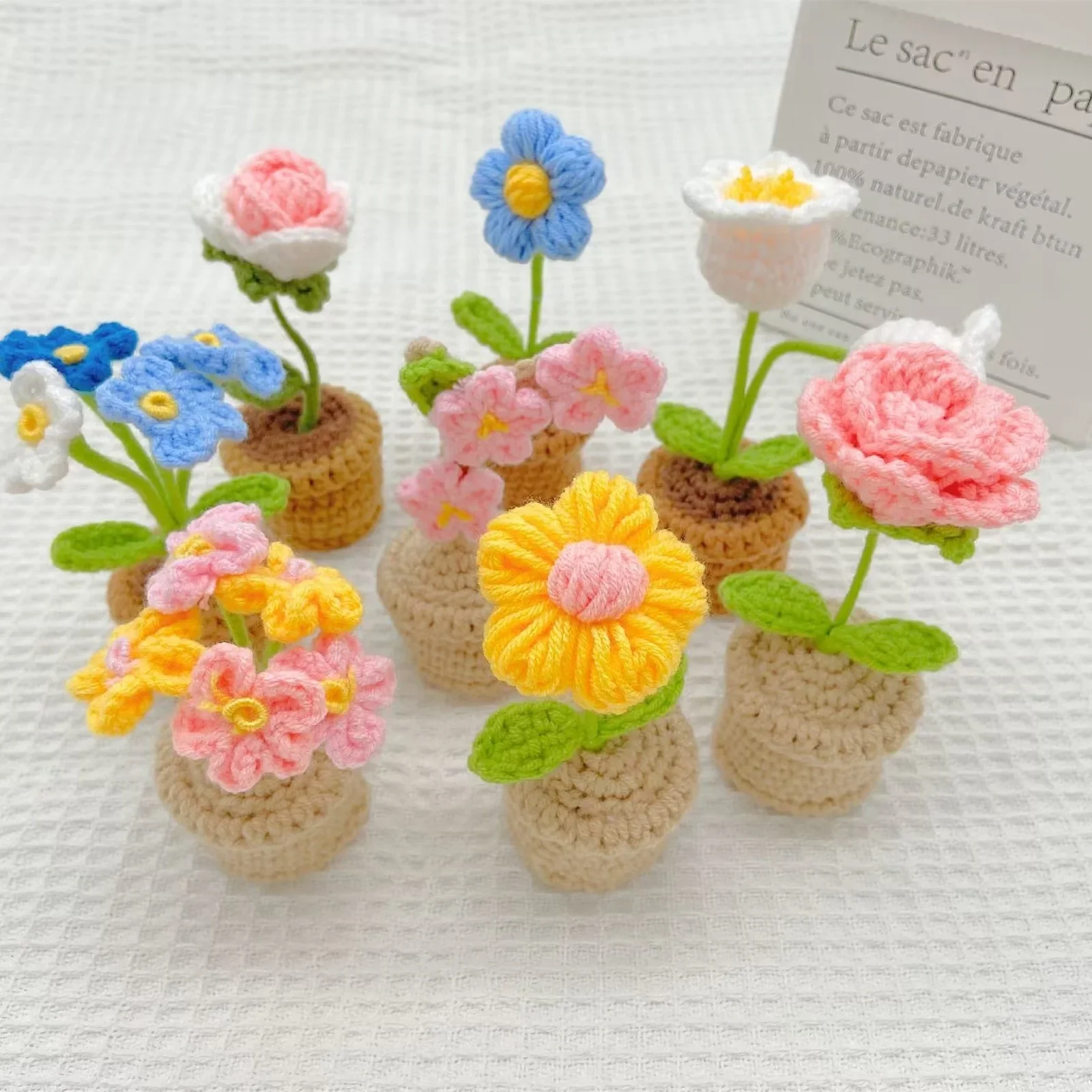Lovely Handmade Mini Potted Knitting Flowers Sunflower Tulip Rose Daisy Crochet Home Office Car Decoration Crochet Flowers