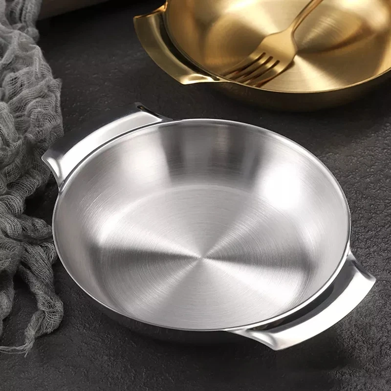 Hot Selling Stainless Steel Plate Seafood Metal Serving Tray Golden Round With Double Ear