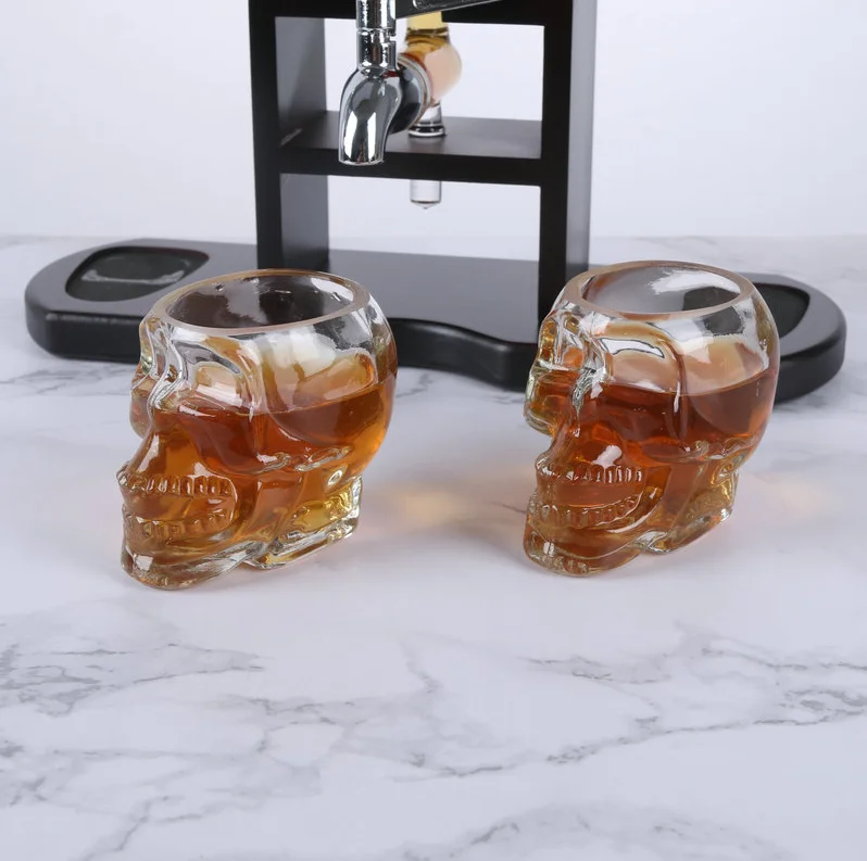 Skeleton Wine Whiskey Decanter Set 750 mL With 3oz Skeletons Shot Glasses and Mahogany Wooden Base