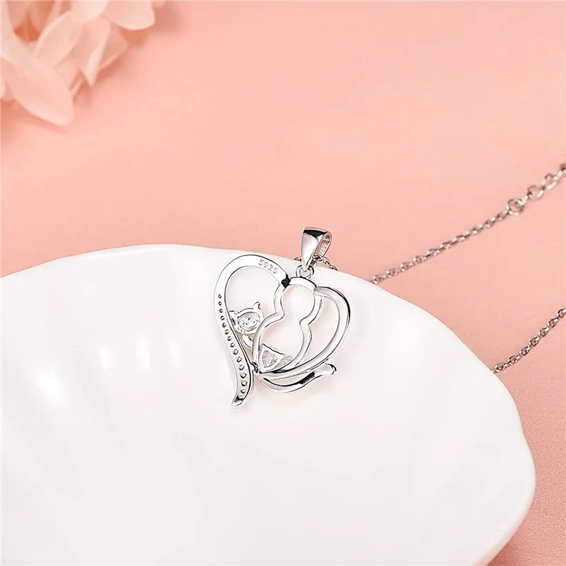Dainty Animal Sterling Silver 925 Cubic Zirconia Heart Cat Necklace for
