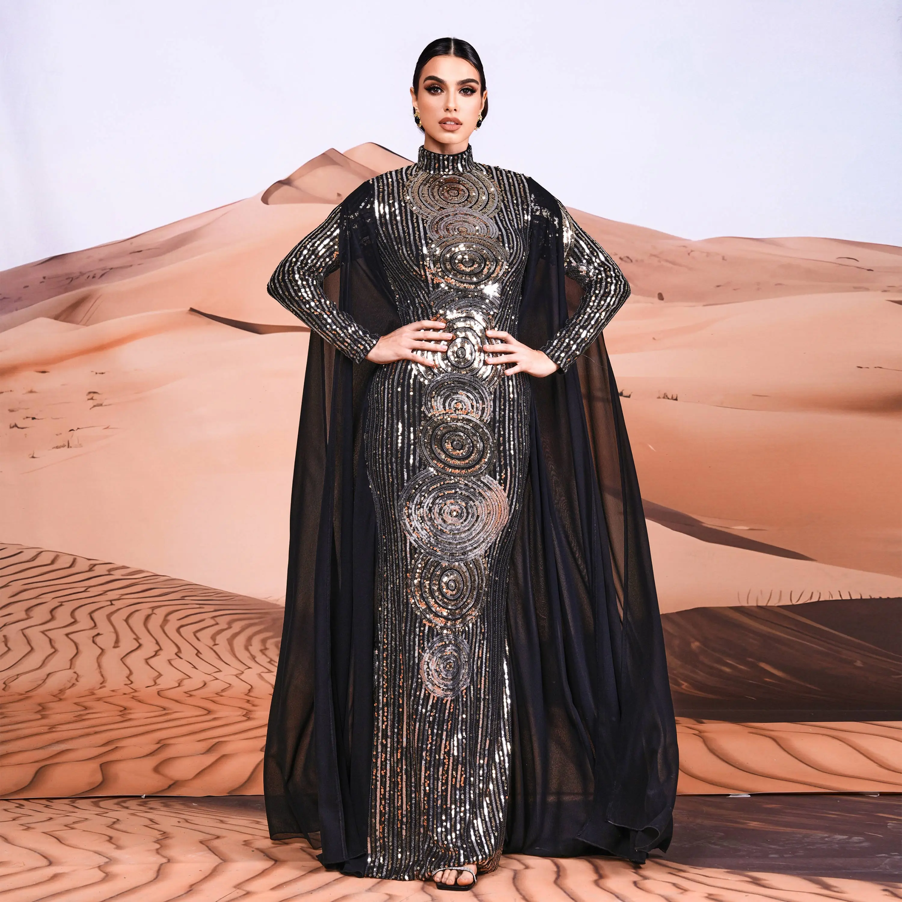 Stand Collar Long Cape Sleeve Maxi Sequin Hijab Arabic Istanbul Moroccan Turkish Dubai Muslim Modest Evening Dresses for Women