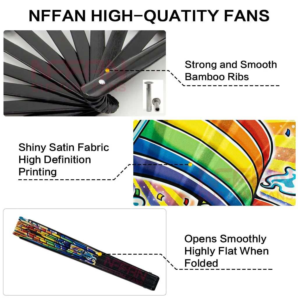 Customized Bamboo Folding Hand Fan Exclusives with UV Glow Fabric Printing for Raves and Musical Festival Fun
