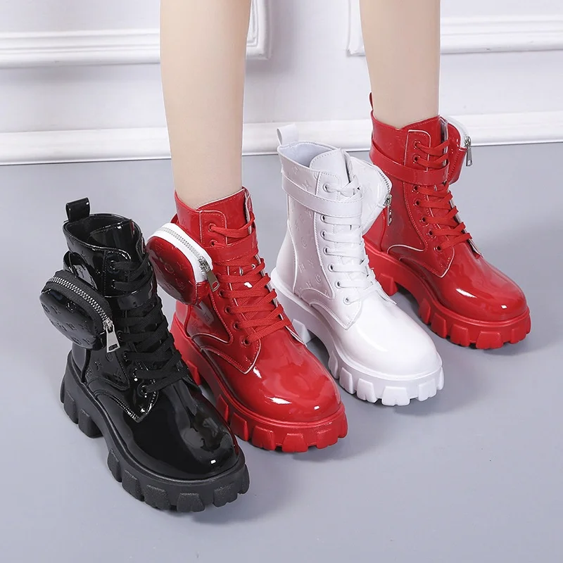 Ladies Buckle Strap Black Chunky Sole Printed Round Toe Thick Sole Lace up British Style Fashion Wallet Boots