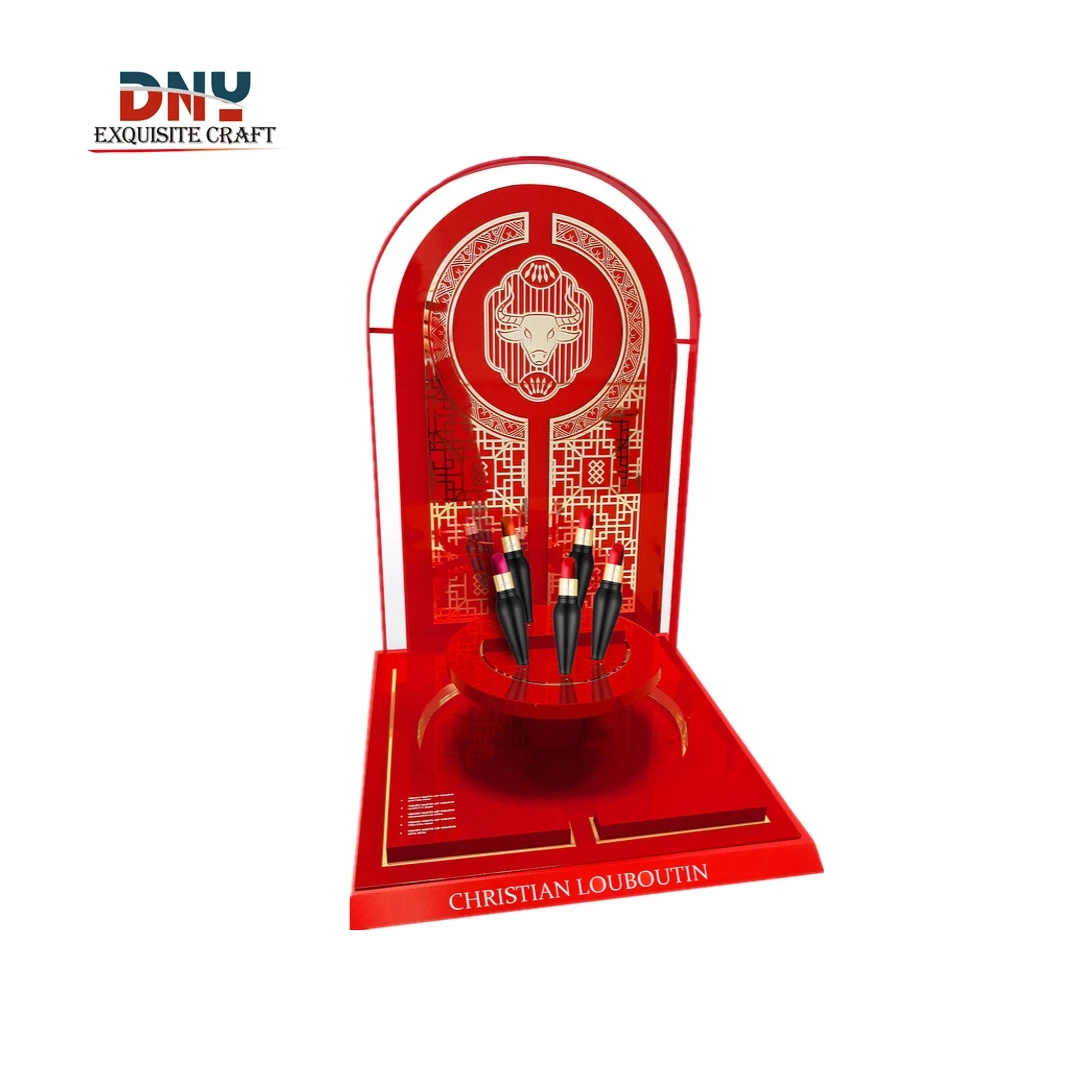 Factory custom red acrylic luxury lipstick display stand back panel decorated with gold stickers bottom panel silk-screen logo