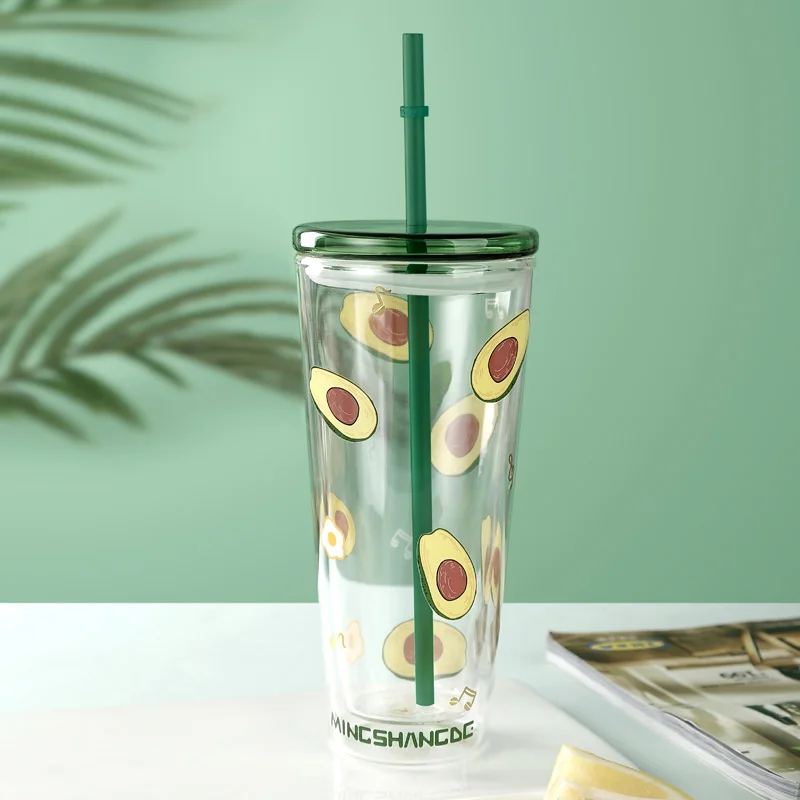 Northern Europe Ins Industry Style Double Wall glass cup Beer Coca Cold Water Drinks Cup Household Office Use with Straw and lid