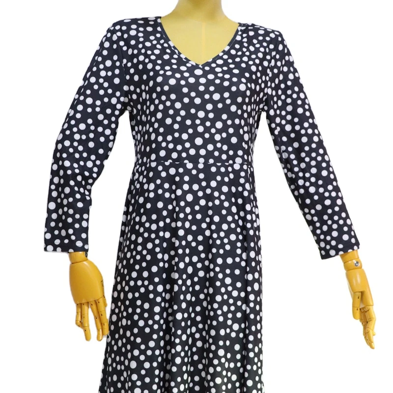 NO MOQ Super Soft Fashion Women Full Long Sleeve Dresses for Winter Custom Polka Dots Autumn Wears V-Neck Dresses with Pockets
