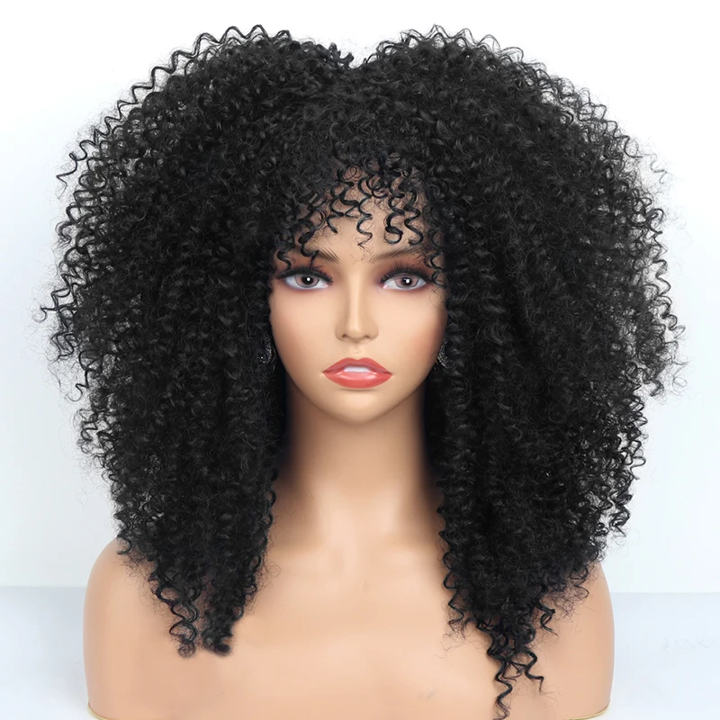 16inch Afro Curly Wigs For Black Women Short Kinky Curly Wigs With Bangs Brown Afro Hair Synthetic Fibre Glueless Cosplay Wigs