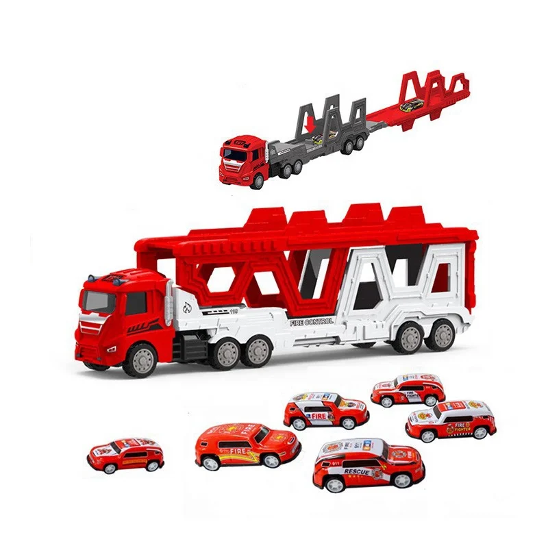 Friction diecast carrier truck transport car toy foldable race track set deformation catapult racing track transporter play set