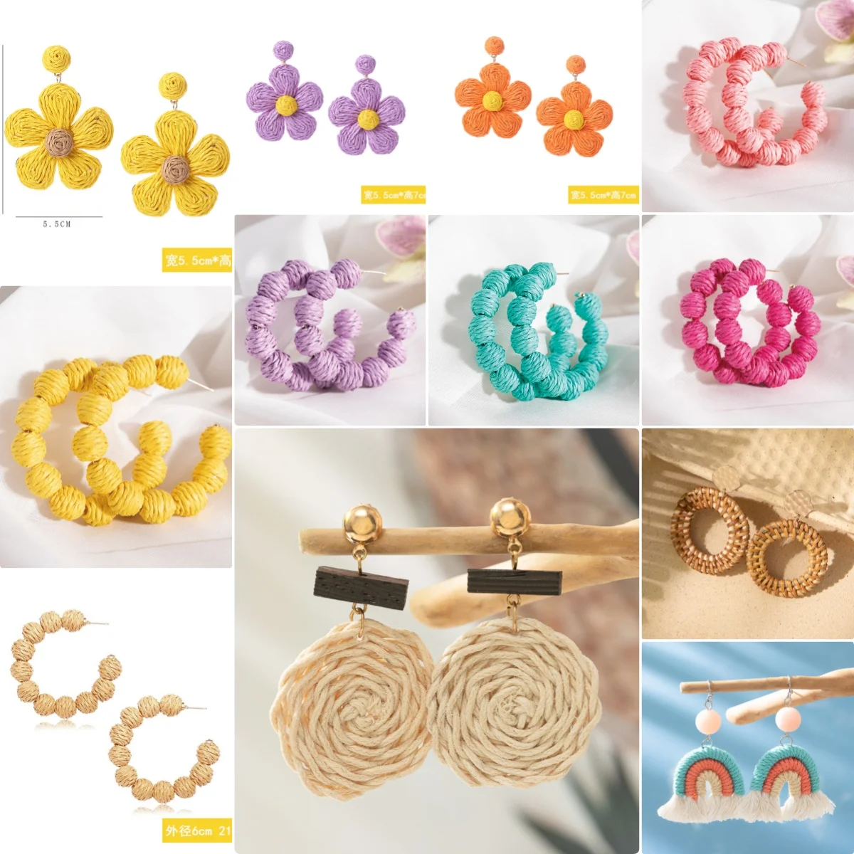 63 Design Bulk Beach Handmade Geometric Round Teardrop Boho Raffia Woven Earrings Weaved Rattan Fan Earrings