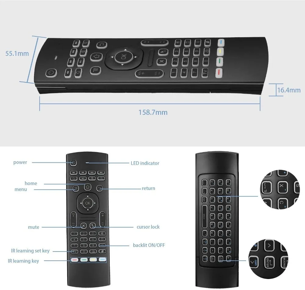 MX3 Backlit 2.4GHz Wireless air mouse with USB Receiver Gyro Sensor universal remote control for tv