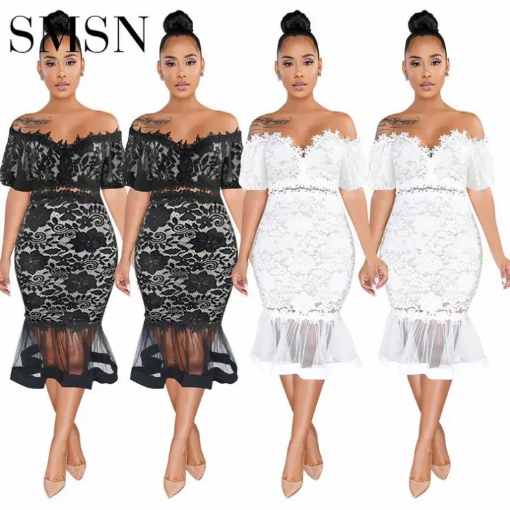 Casual Plus Size Dress Sexy one shoulder bubble short sleeve lace fishtail skirt see-through dress